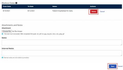 Partial image of the Authorization page showing the Blackout Dates section with sample data and the Delete confirmation button highlighted under Actions at right. Save button highlighted at lower right.